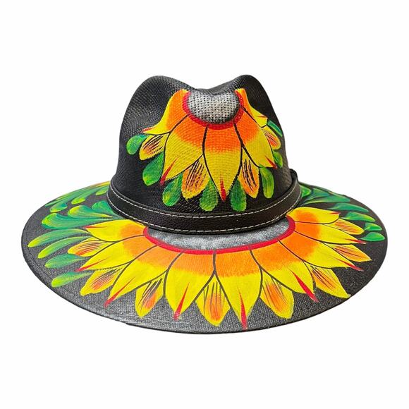 HAT MEXICAN Artisanal Hand Painted Fedora Sunflower Sombrero Panama Bohon Black